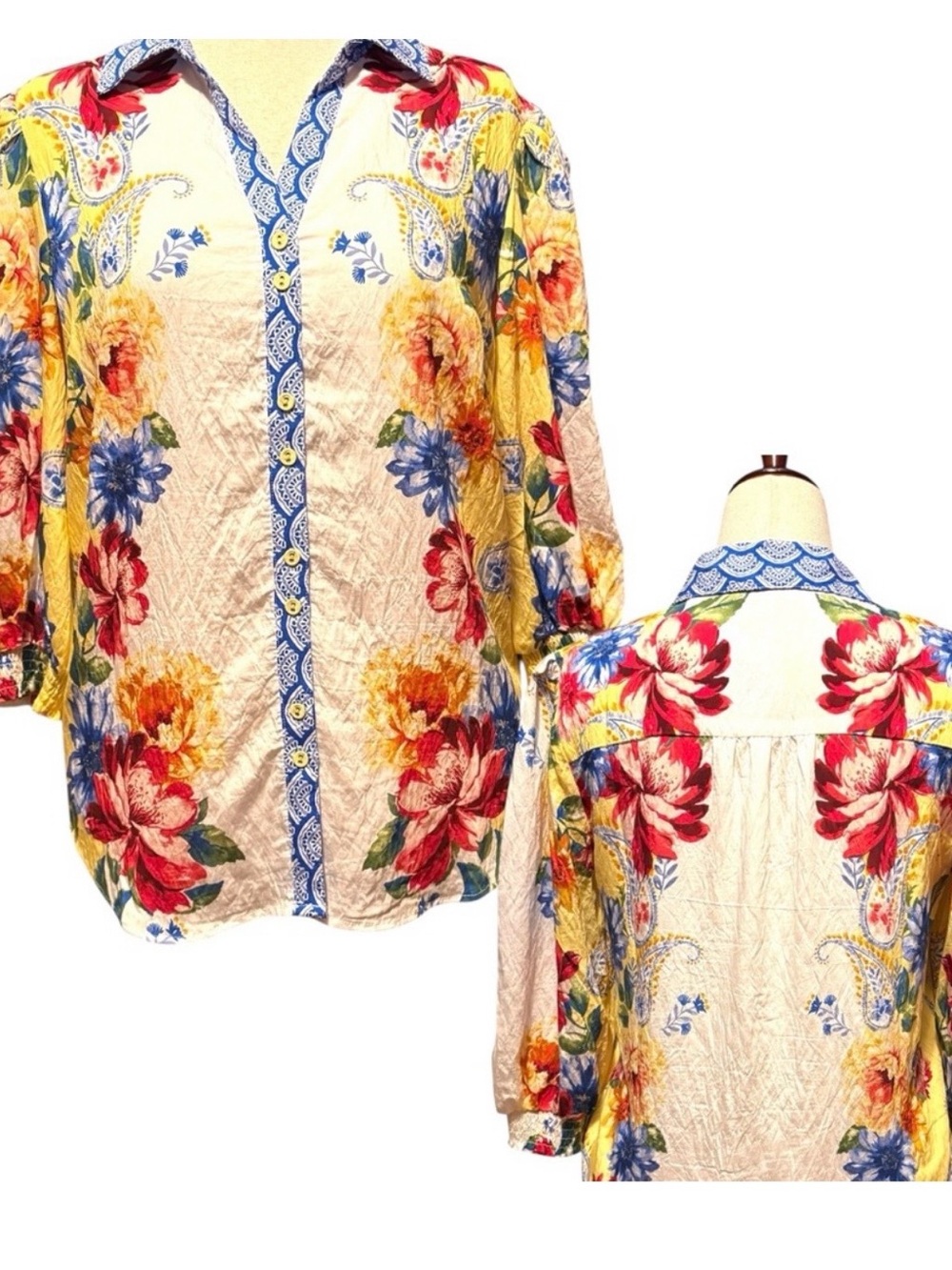 Tahari Vibrant Floral Button-Front Blouse, Sz M, NWT